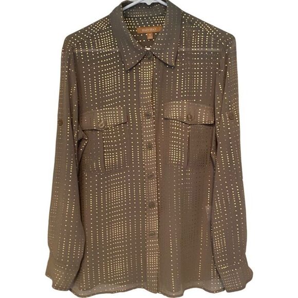 Ellen Tracy Olive Semi Sheer Gold Dotted Long Sleeve Blouse Size Medium - Picture 1 of 11